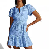 Female V-neck Hollow Lace Pleated Short Sleeves Dress