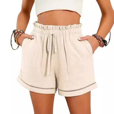 High Waist Lace-up Loose-fitting Wide-leg Short Jumpsuit