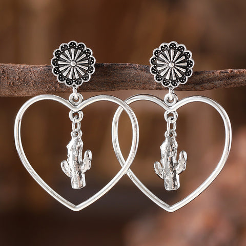 Hollow Heart Cactus Flower Earrings