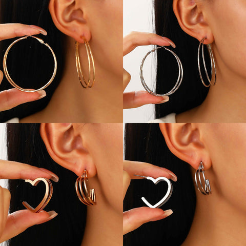 Three-line Love Heart Stud Earrings Double-layer Circle Women's Simple