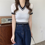 Short Slim-fit Contrast Colors V-neck Short Sleeve Knitwear T-shirt