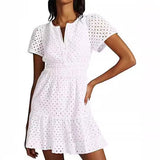 Female V-neck Hollow Lace Pleated Short Sleeves Dress