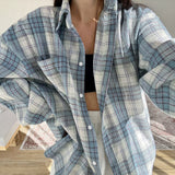 Women's Classic Lapel Long Sleeve Plaid Casual Loose Shirt