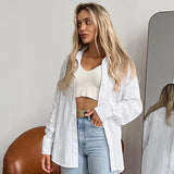 Women's White Cotton Jacquard Lapel Loose Casual Shirt