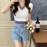 Short Slim-fit Contrast Colors V-neck Short Sleeve Knitwear T-shirt