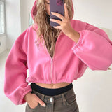 Casual Solid Color Hooded Short Jacket Y2K Fashion Sports Sweatshirt Long Sleeve Zipper Cardigan Hoodies Women's Clothing