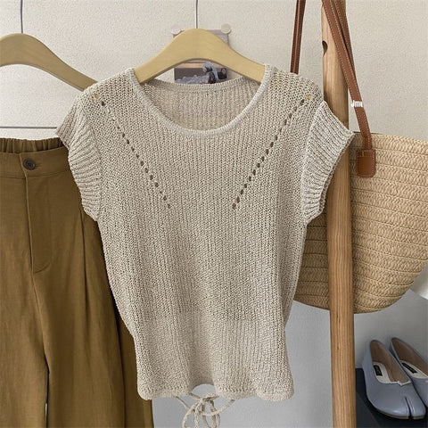 Hollow Sweater Round Collar Design Waist Lace-up Midriff Outfit Ice Silk Top