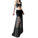 Fashion Black Mesh Transparent Slit Pleating Long Dress