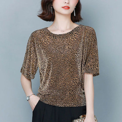 Plus Size Loose-fitting Belly-covering Bright Silk Bottoming Leopard Print Shirt