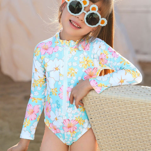 Girls' Summer Children's Breathable One-piece Long Sleeves Printed Cute Swimsuit