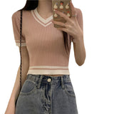 Short Slim-fit Contrast Colors V-neck Short Sleeve Knitwear T-shirt