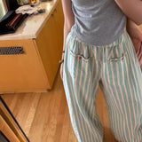 Green Lazy Relaxed Striped Cotton And Linen Casual Trousers