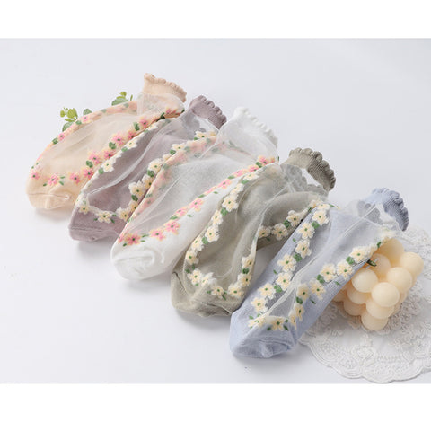 Women's Thin Spun Glass Lace Crystal Boat Socks