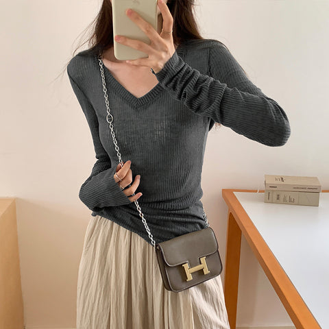 V-neck Micro-transparent Long-sleeved Sweater Design Sense