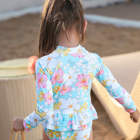 Girls' Summer Children's Breathable One-piece Long Sleeves Printed Cute Swimsuit