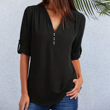 V-neck Rhinestone Casual Loose Women's Wear Rollable Sleeves Top