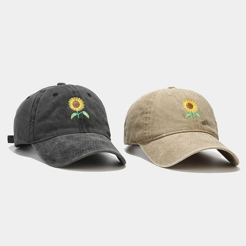 Washed-out Vintage SUNFLOWER Embroidered Peaked Cap Outdoor Travel