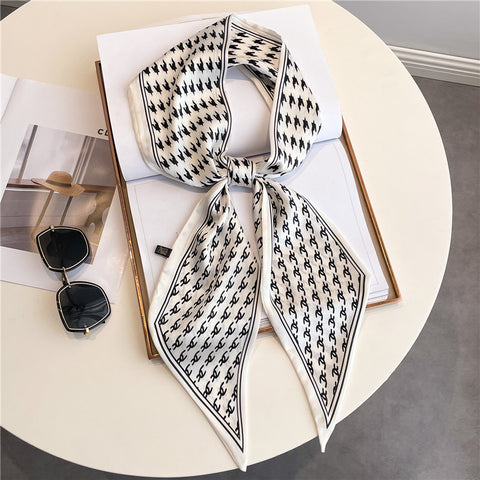 Thin Narrow Long Shirt Scarf Houndstooth Design Double Layer Imitated Silk Scarves Women's Hair Tie