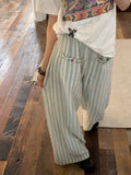 Green Lazy Relaxed Striped Cotton And Linen Casual Trousers