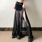 Fashion Black Mesh Transparent Slit Pleating Long Dress